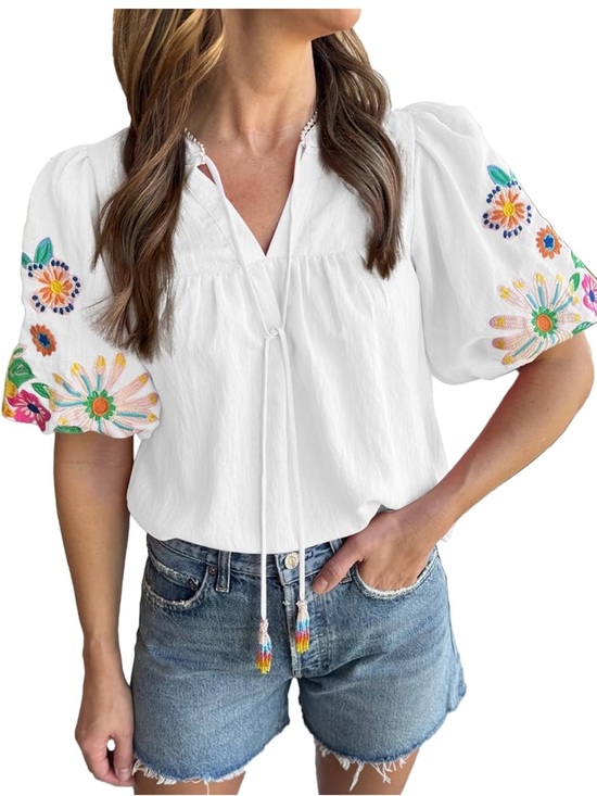 Tops - Embroidered Puff Sleeve Peasant Top - White